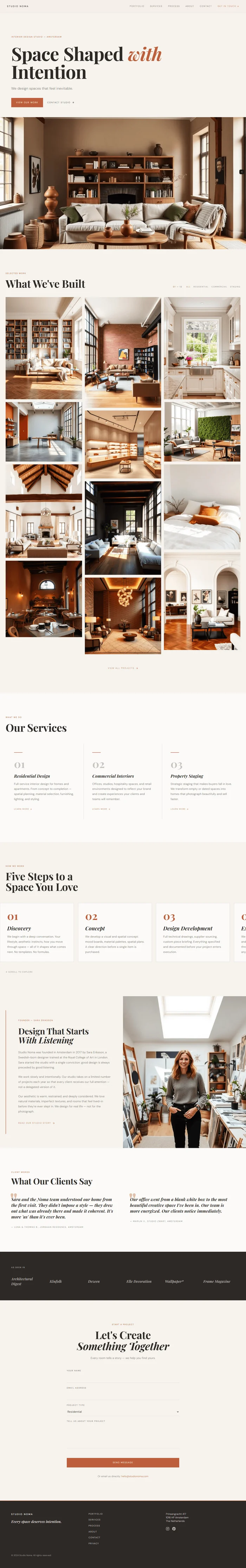 Full page interior design studio website – editorial hero, masonry grid, horizontal process scroll