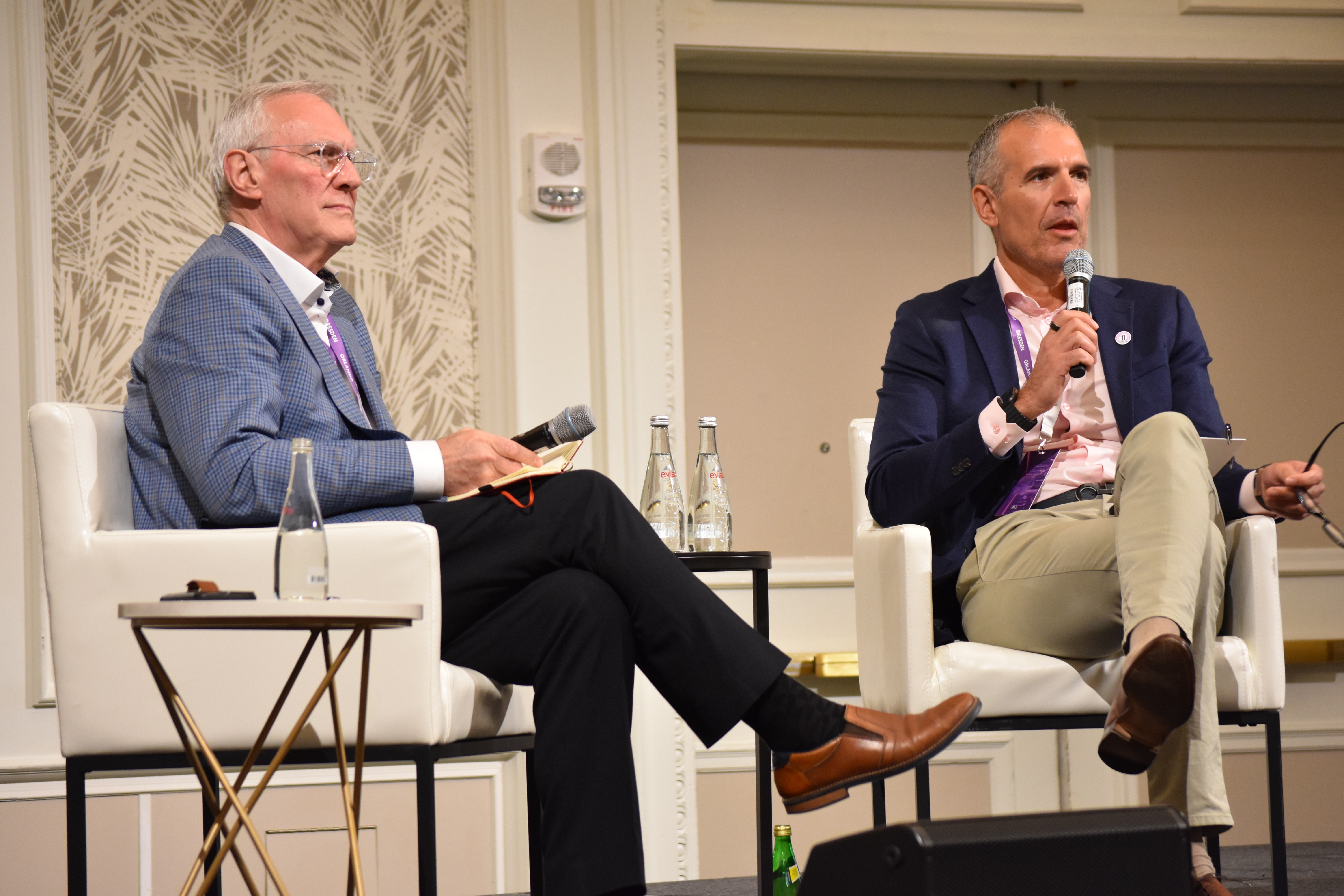 Teodor Grantcharov and Peter Laussen on stage during fireside chat