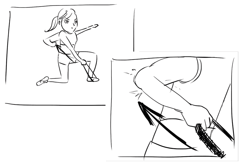 A two-panel storyboard of a woman working out with a fitness band. One panel is a close-up of the move.