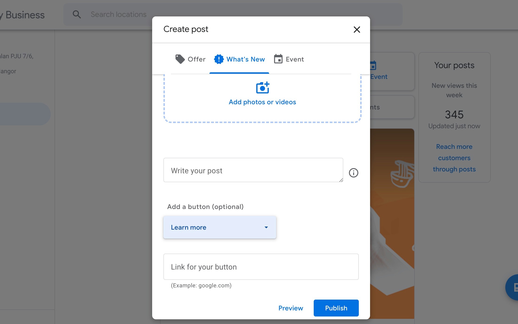 Google My Business profile post example screenshot