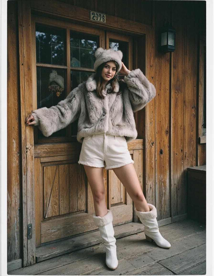Fashion photograph featuring plush gray fur jacket and hat with white shorts and boots against rustic wooden cabin entrance