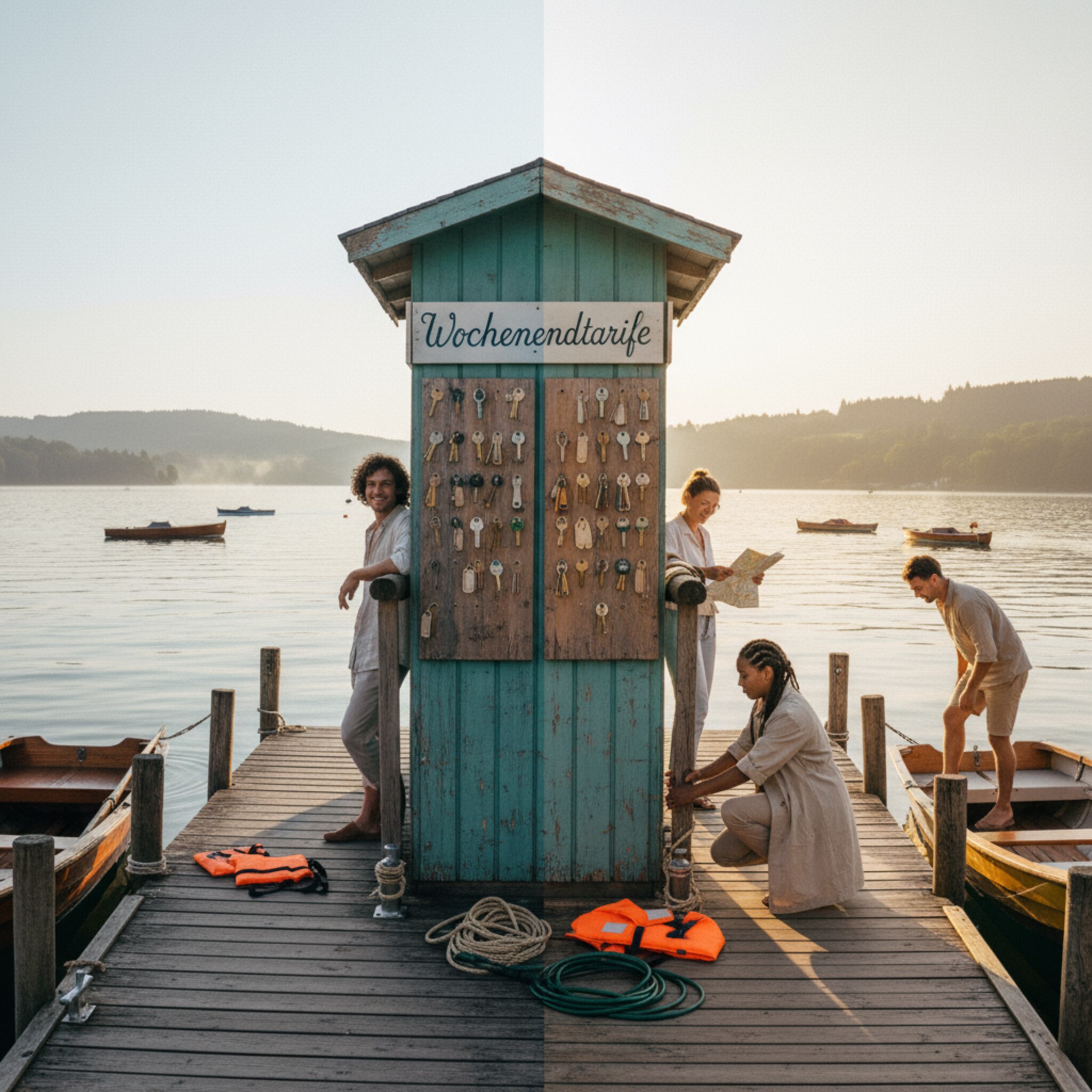 Der Tag wechselt: Morgens fällt kühles Licht auf die ruhige Bucht, wenige Boote sind unterwegs. Gegen Nachmittag füllt sich der Steg, Stimmen und Lachen tragen über das Wasser. Ein kleines Schild am Kiosk weist auf Wochenendtarife hin, daneben hängen sauber sortierte Schlüsselbretter.