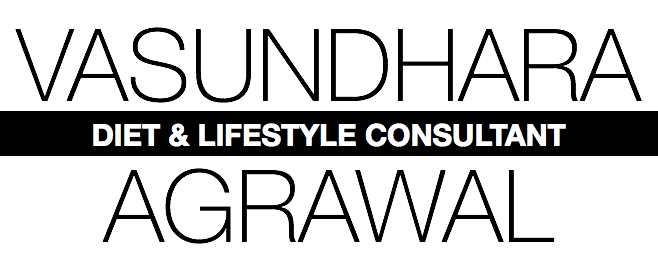 Text reading "Vasundhara Agrawal" in large letters, with "Nutrition &amp; Lifestyle Consultant" in smaller text on a black background, centered below the name.