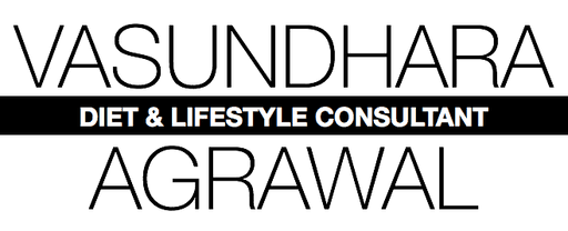 Text reading "Vasundhara Agrawal" in large letters, with "Nutrition &amp; Lifestyle Consultant" in smaller text on a black background, centered below the name.