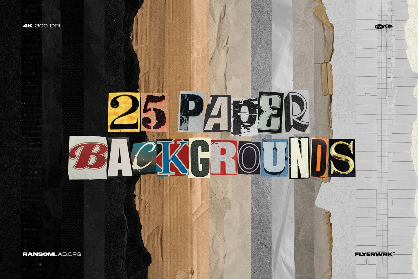 RansomLab set of twenty five unique paper backgrounds including cardboard lined paper and torn textures