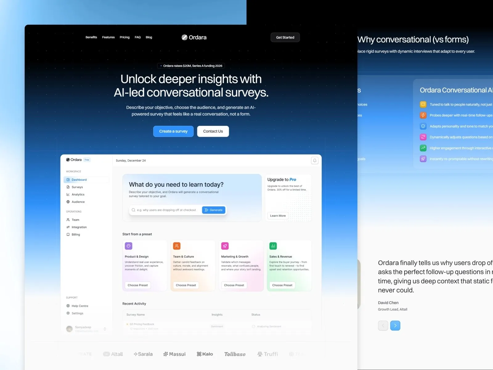 AI-driven survey platform interface with insights and customization options.
