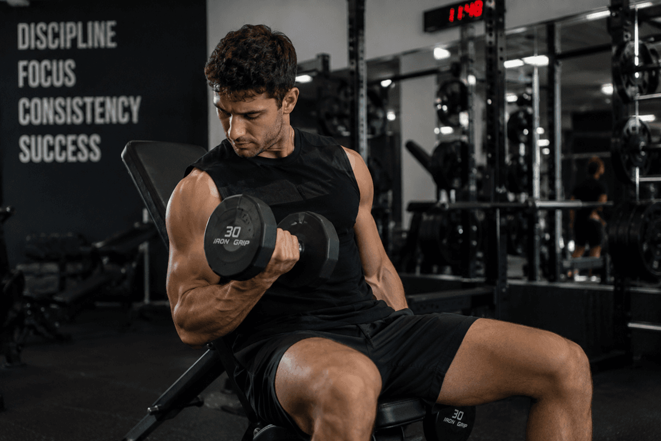 A muscular man performs a dumbbell curl while seated in a modern gym
