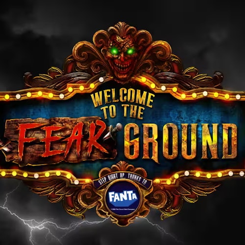Ornate sign reading "Welcome to the Fear Ground" with a creepy face and lit trim. Sponsored by Fanta; lightning in background.