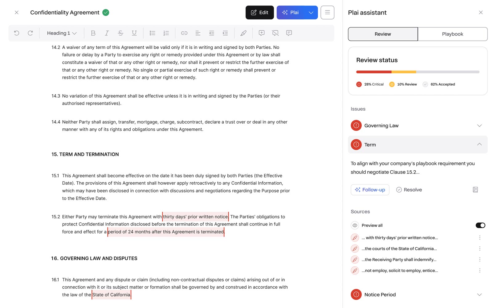 AI-powered contract management software Pocketlaw's review and redlining tool, highlighting critical contract issues and providing AI-driven suggestions to streamline contract management for businesses.