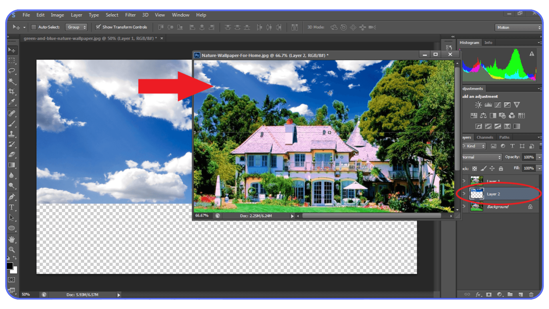 Photoshop workspace showing a sky image layered behind a house photo with transparent background
