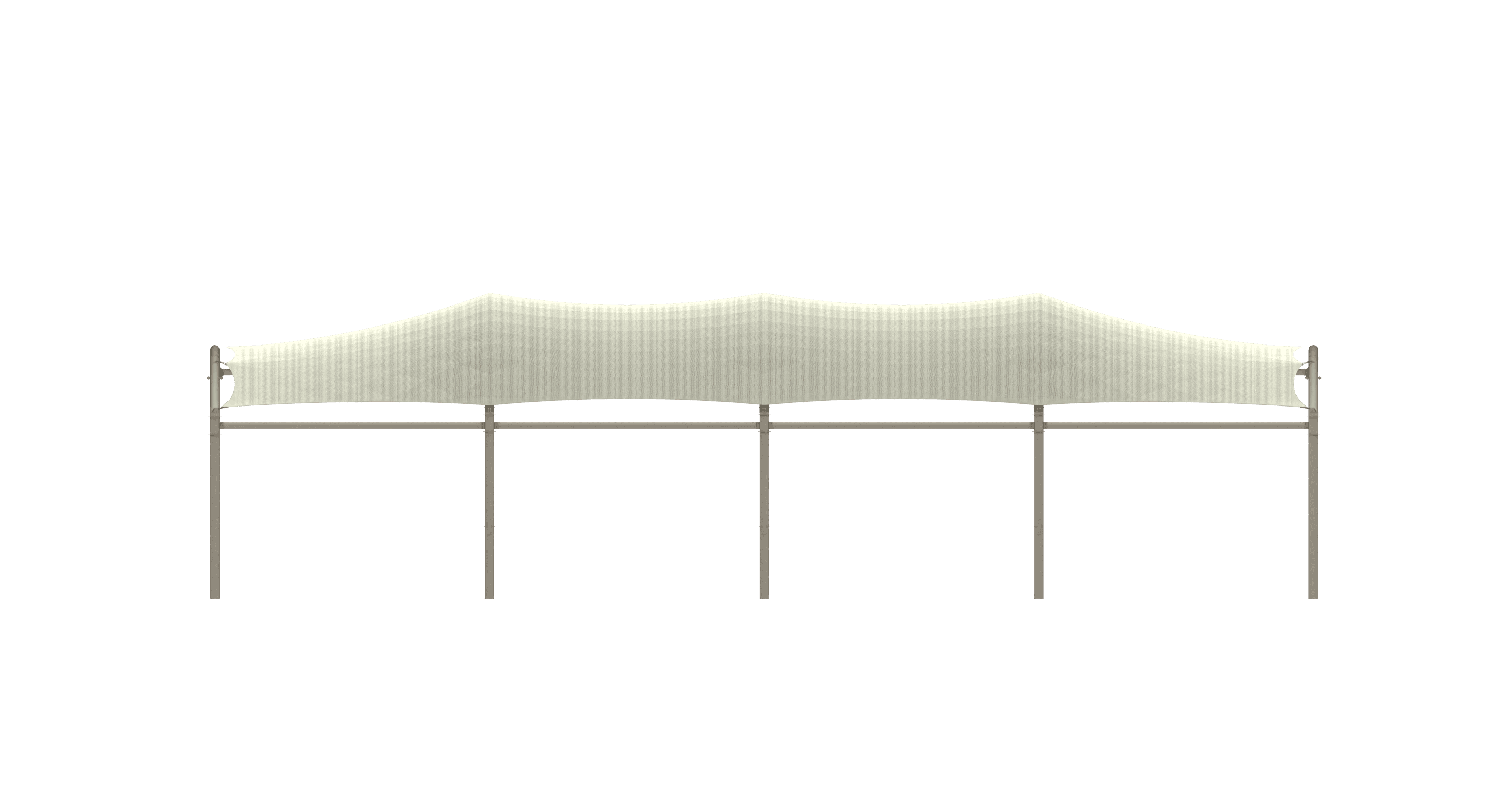 Front view: Roof construction on a frame with four curved, beige fabric panels.