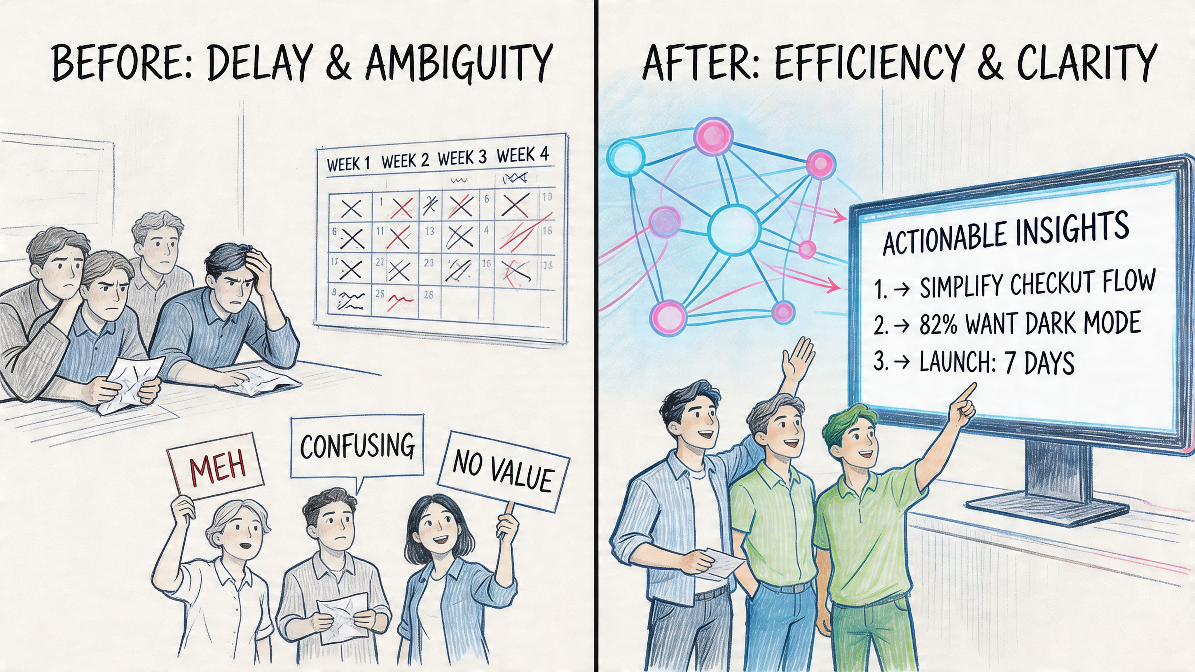 A split illustration comparing inefficient manual project testing versus efficient AI-driven web analysis and actionable insights.