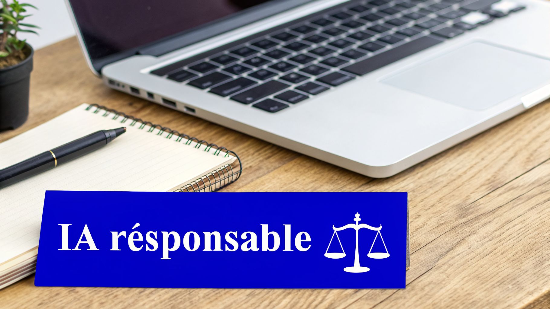 Carte bleue sur un bureau en bois avec 'IA responsable', une balance, un ordinateur portable, un carnet et un stylo.