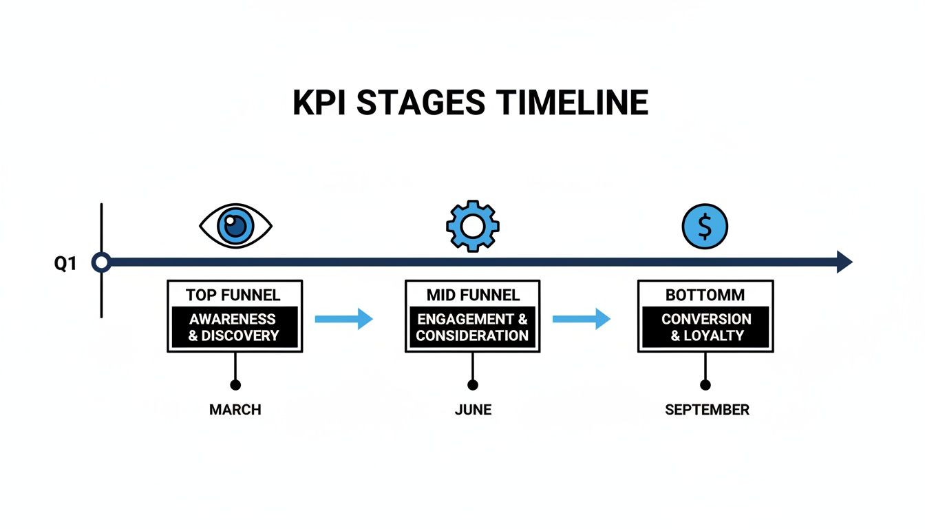KPI stages timeline illustrating marketing funnel: awareness, engagement, and conversion with corresponding months.