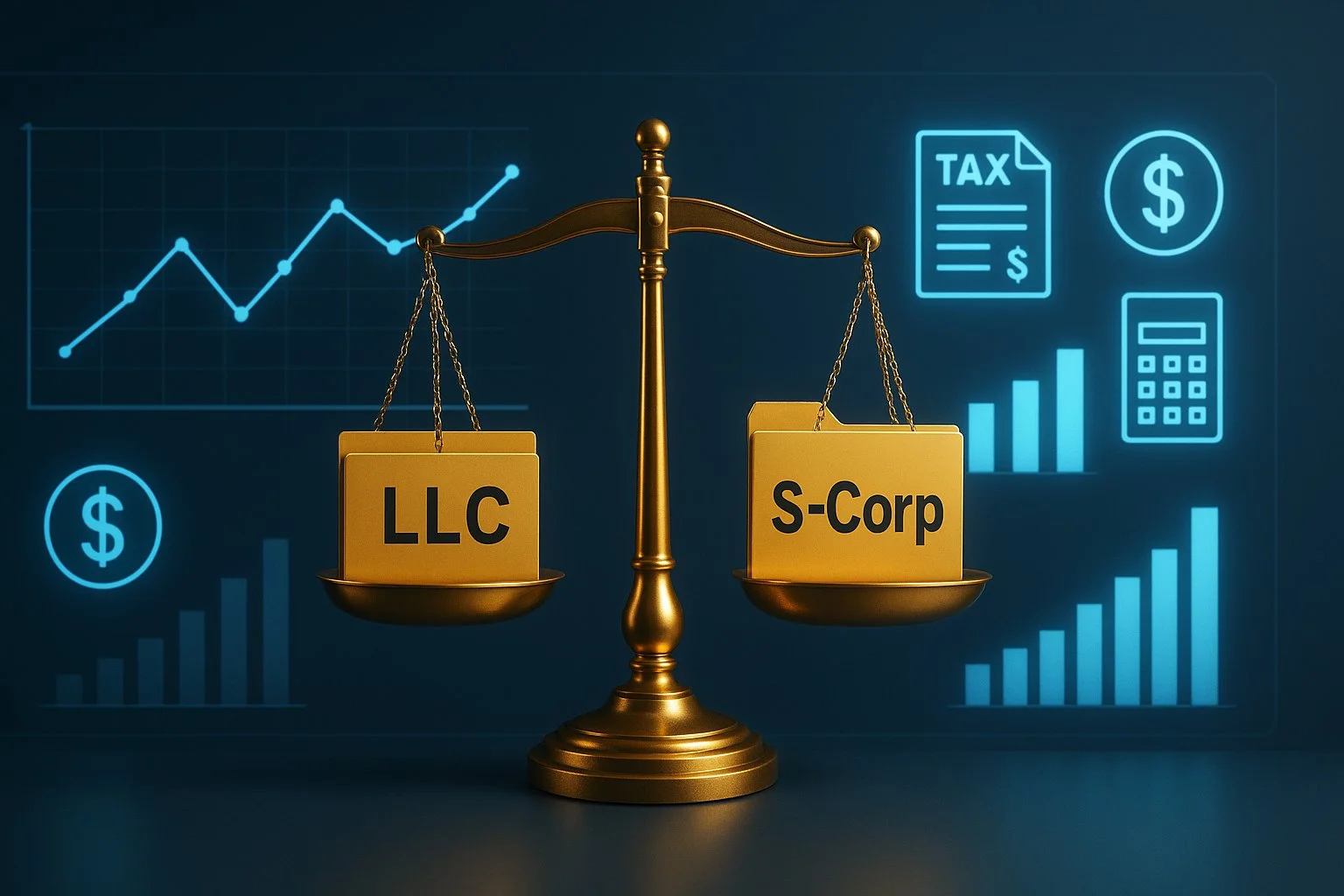 Modern financial dashboard with glowing graphs, tax icons, and a golden scale balancing folders labeled LLC and S-Corp, symbolizing smart business structure decisions.