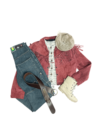 Outfit with jeans, suede jacket with fringe, shirt, cap, belt, and boots.
