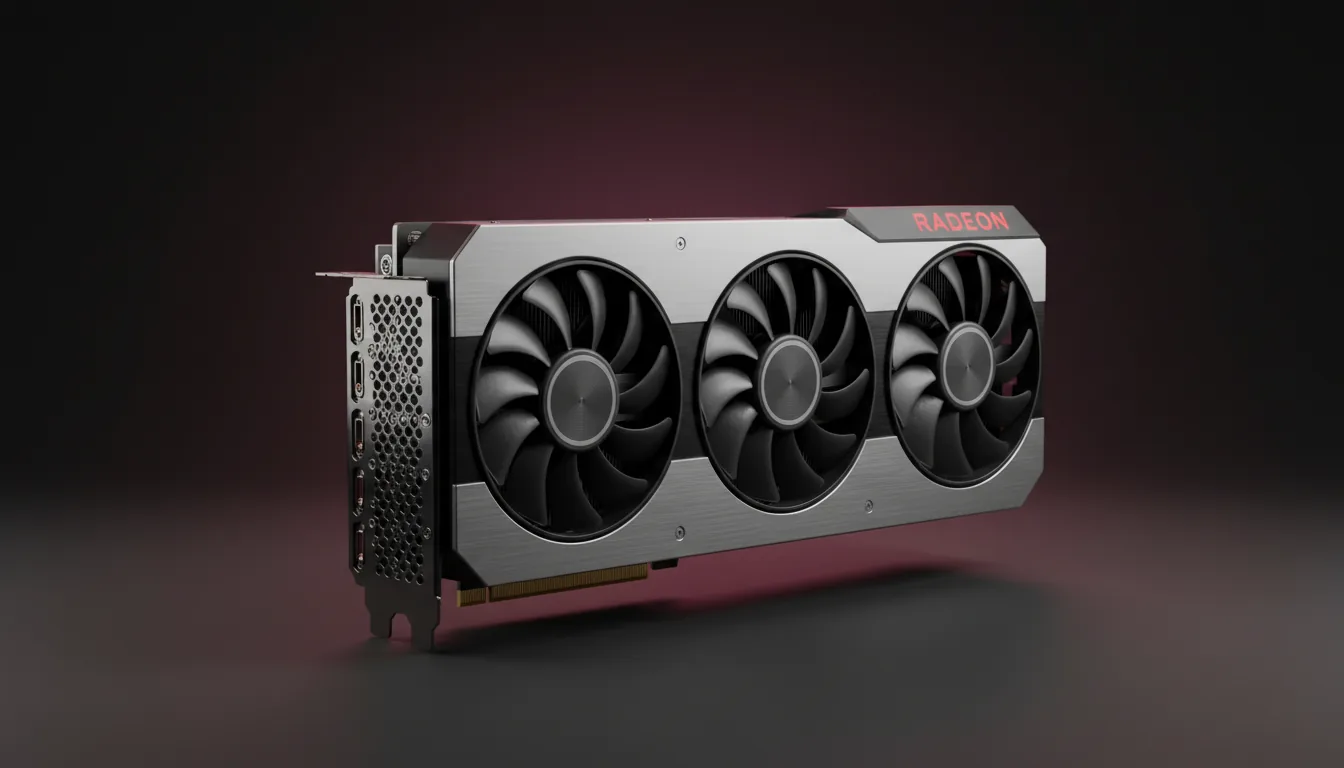 DSLR product photography of a modern AMD Radeon GPU with a triple-fan design, featuring a black and brushed silver metal shroud, angled in a three-quarters view. The scene is illuminated by soft studio lighting, creating cinematic contrast against a dark, minimalist background with a subtle maroon-purple gradient. The graphics card is in sharp focus, with a faint red illuminated text logo on its top edge.