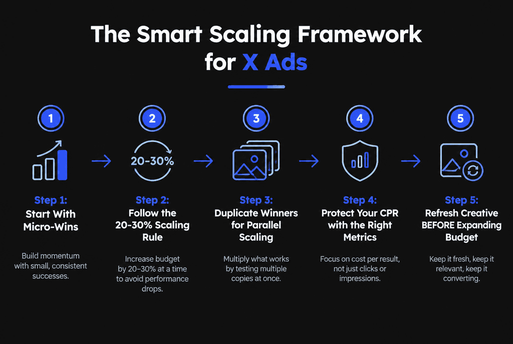 Infographic of the five-step smart scaling framework for X Ads: micro-wins, 20 to 30% budget steps, duplicate winners, protect cost per result, refresh creative