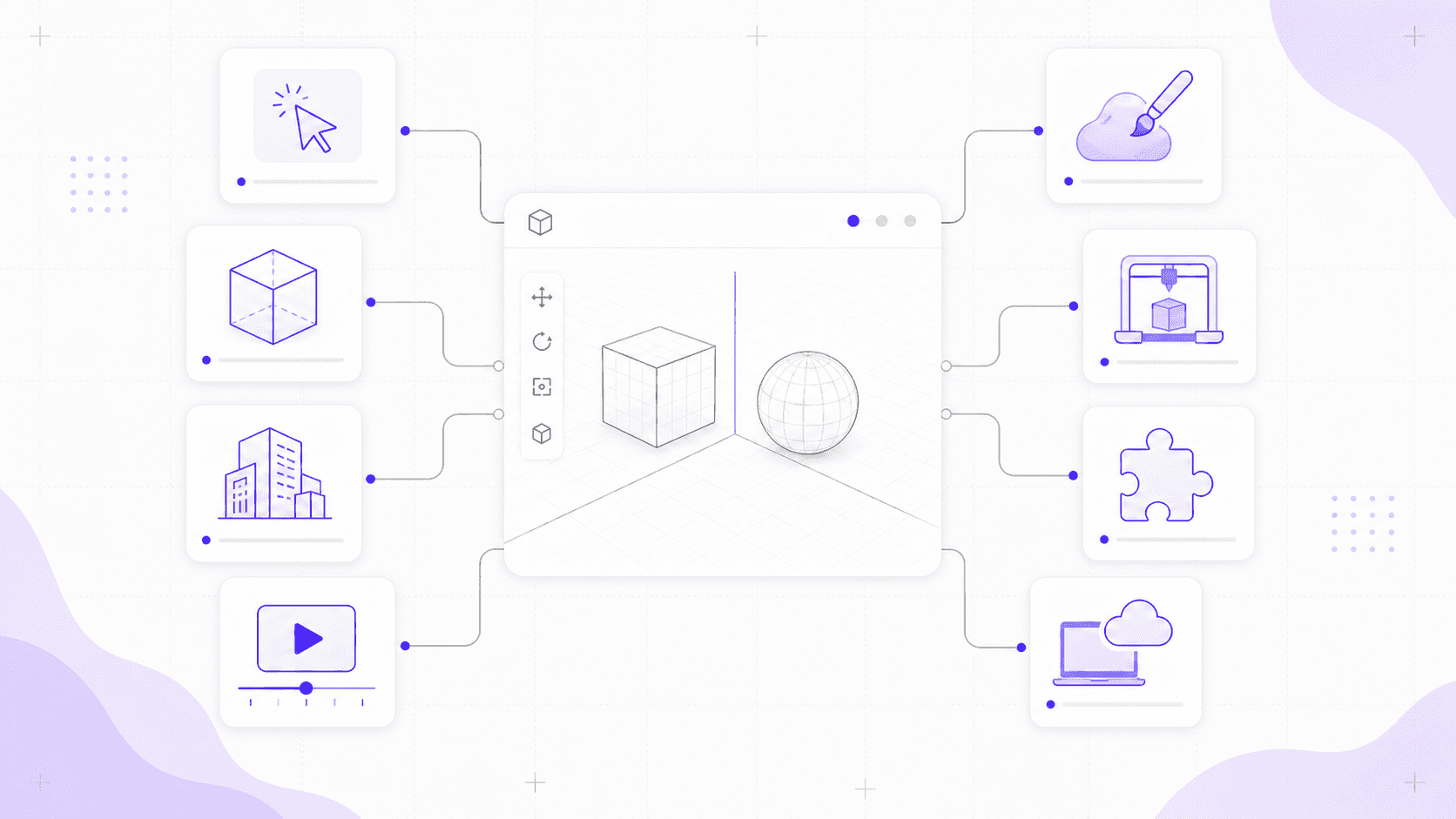 3D modeling workflow illustration with a central wireframe viewport connected to icons for CAD, animation, architecture, sculpting, 3D printing, and cloud computing