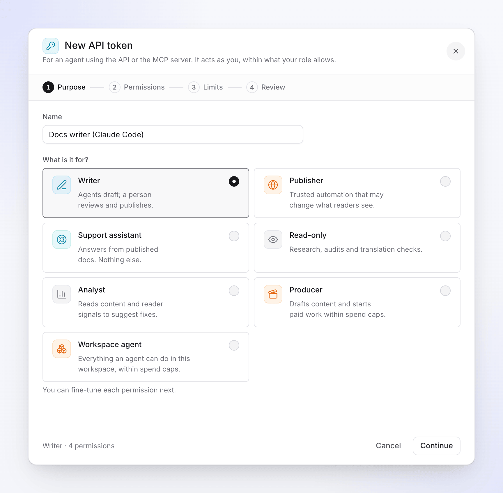 Clevera's New API token wizard on the Purpose step, with the Writer preset picked for a token named Docs writer (Claude Code)