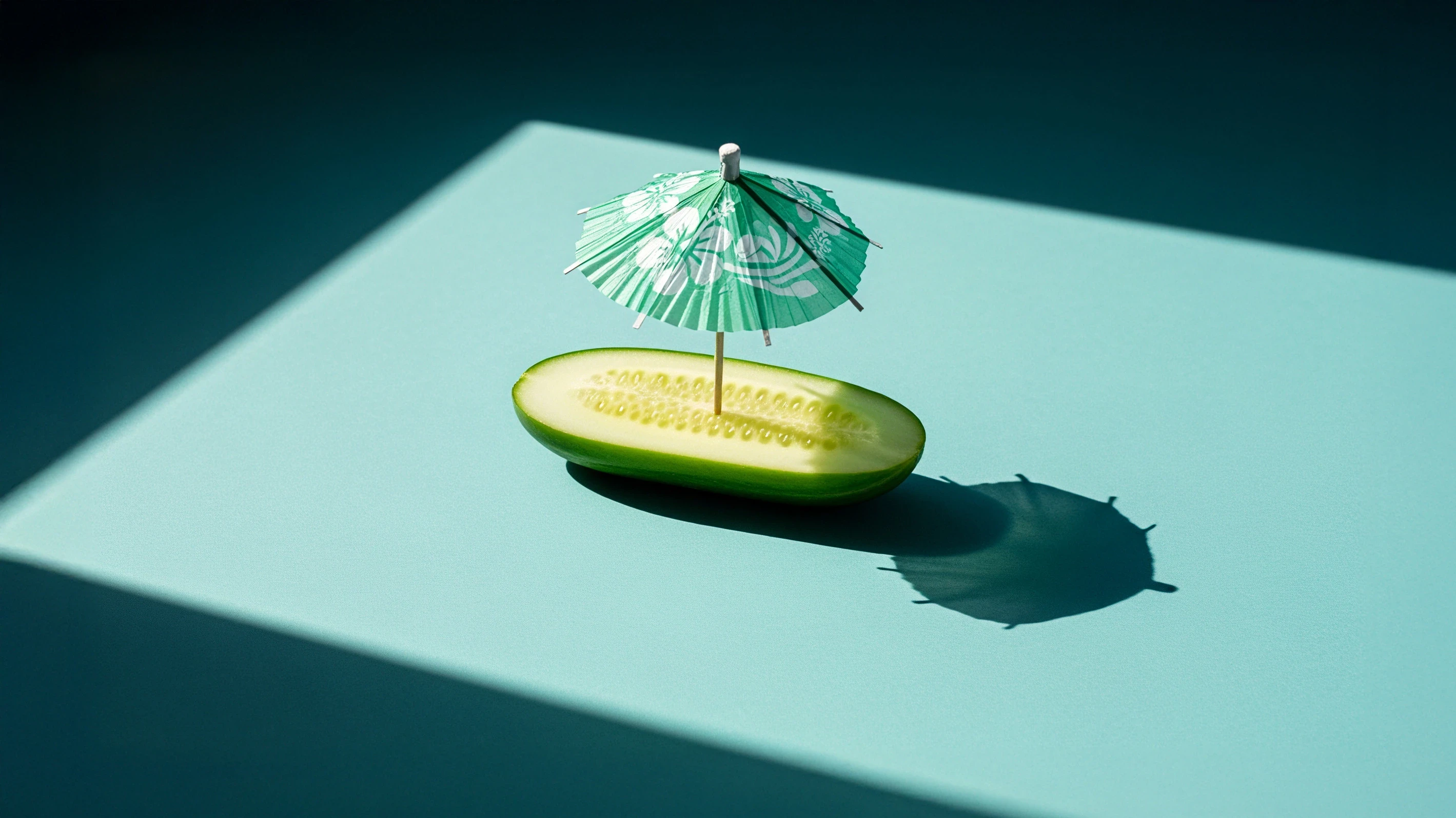 Concept image of a cucumber boat with an umbrella sail representing an innovative marketing launch and brand amplification