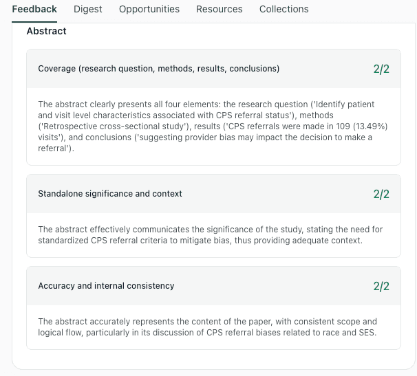 thesify abstract feedback showing scores for coverage, context, and internal consistency