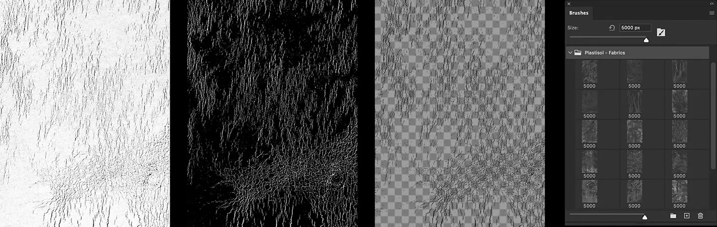 Cracked plastisol ink texture pack showing original inverted transparent and Photoshop brush formats