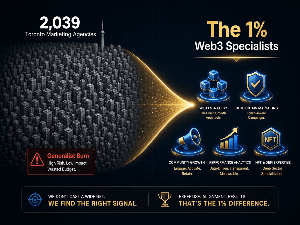 Infographic showing 2,039 Toronto marketing agencies filtered down to a small group of specialized Web3 and tech marketing experts for founders.