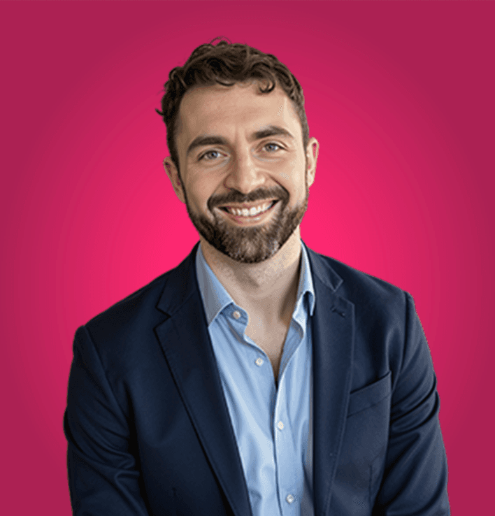 Pierce James, Head of Finance at CSM, portrait in light blue shirt.