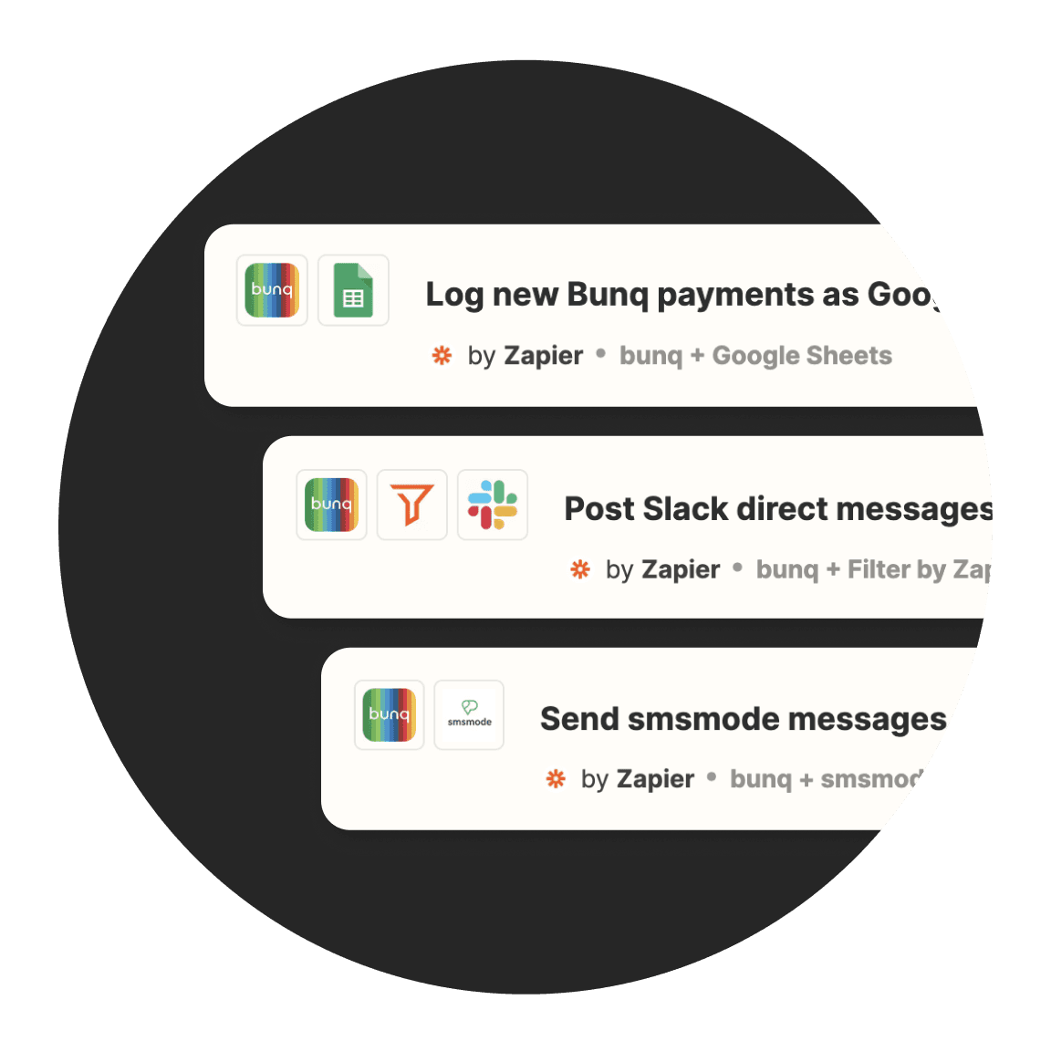 Three conversation threads displayed in a circular format, each with a message and icons next to them.