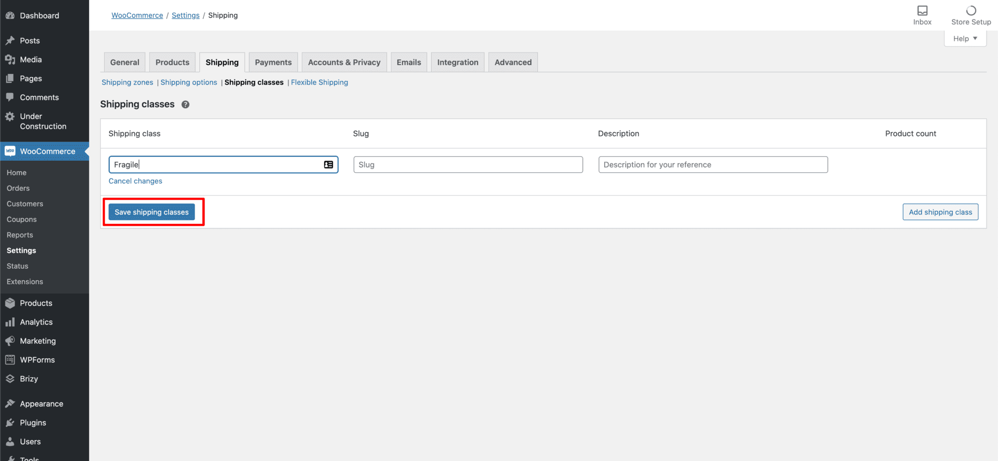 Woocommerce spedizioni: classi di spedizione, salvataggio