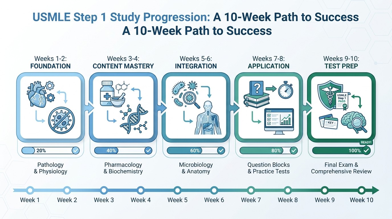USMLE Step 1 10-week study schedule timeline showing phases and subject progression