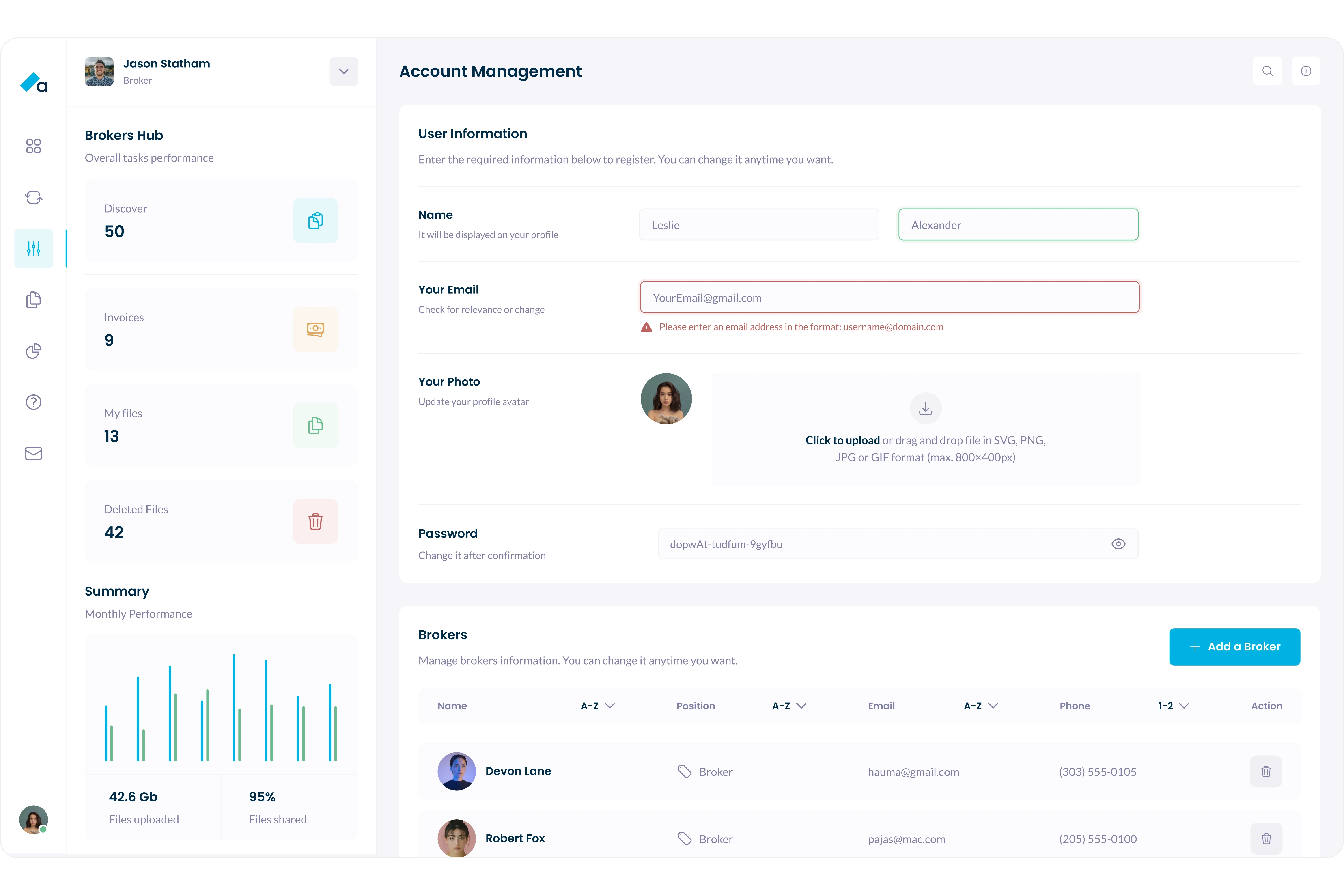 Account Management screen from the redesigned Azora Finance web platform, showing editable user information fields such as name, email validation, profile photo upload and password settings. Below, a Brokers management table displays team members with roles, emails, phone numbers and action controls. The left sidebar highlights key broker metrics including deals submitted, invoices, invites, deleted files and monthly performance charts. Clean, structured UI supports efficient management of user profiles and broker teams within Azora’s lending and finance operations system.