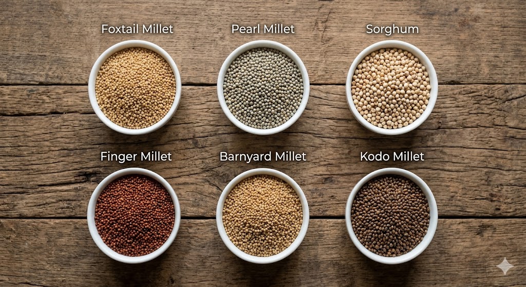 A top-down flat lay photograph on a rustic wooden background. Six small, white ceramic bowls are arranged neatly, each filled with a different type of millet grain. Labeled bowls include Foxtail Millet, Pearl Millet, Sorghum, Barnyard Millet, Finger Millet, and Kodo Millet. The different sizes, shapes, and earthy colors of the raw millet grains are clearly visible under natural light. A simple, brown linen cloth is in the upper right corner.