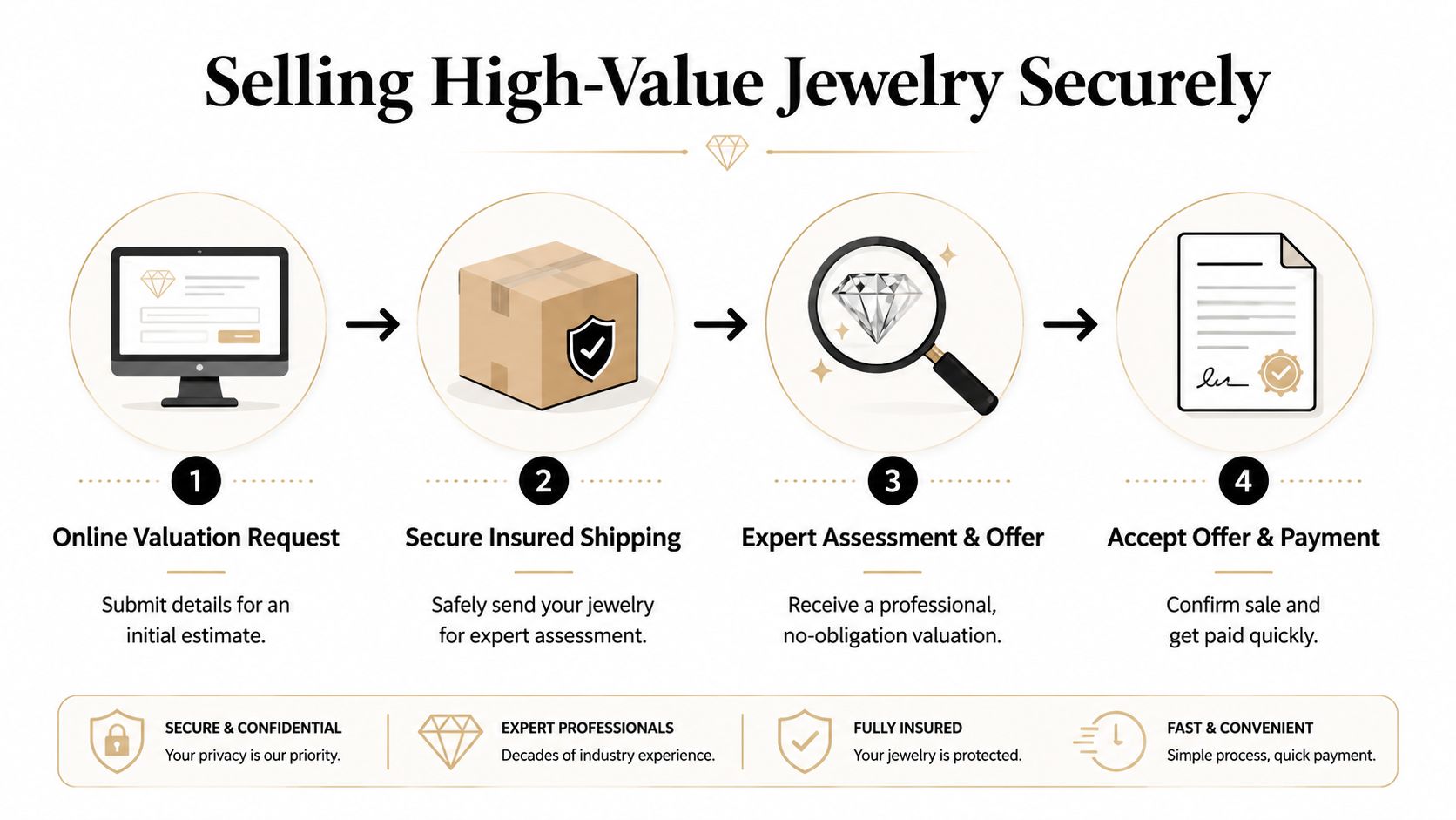 A four-step infographic illustrating the secure process for selling high-value jewelry online from valuation to payment.