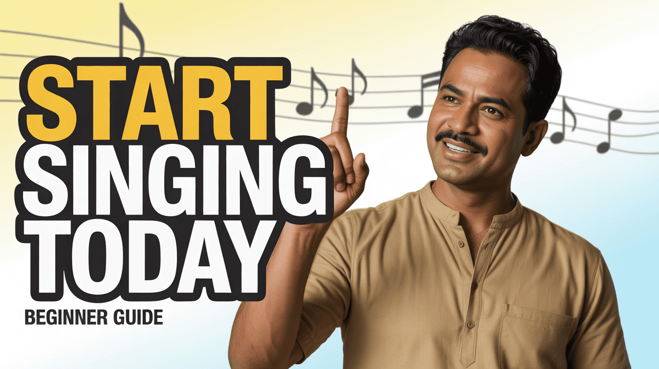 Male vocal coach pointing beside Start Singing Today text over a clean music-note background