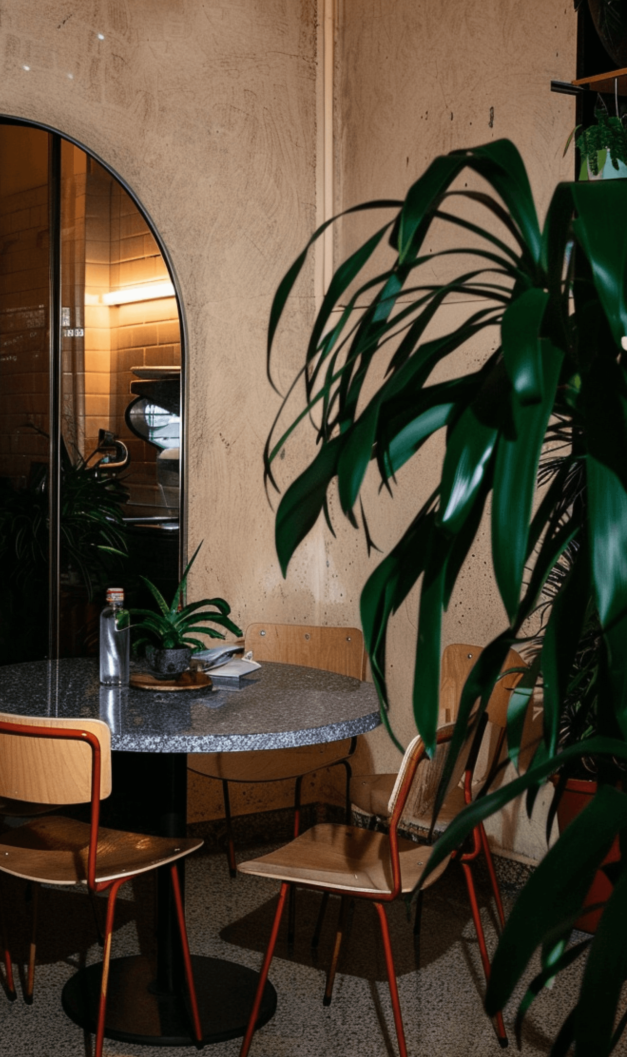 Cozy cafe corner with a round terrazzo table surrounded by wooden chairs, decorated with potted plants and a large mirror reflecting warm light.
