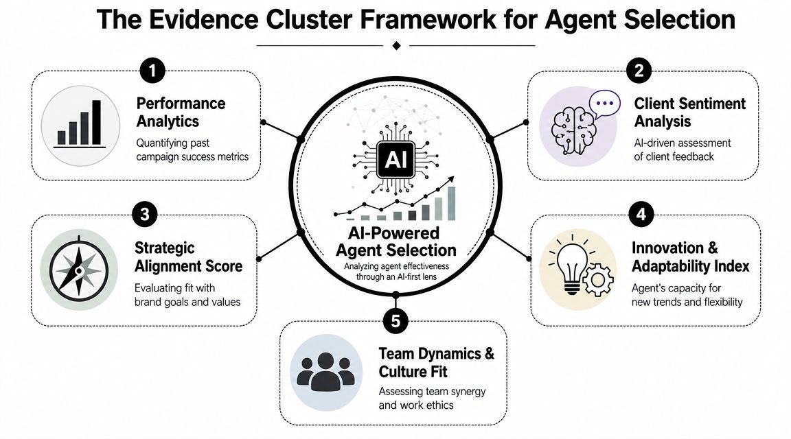 A diagram illustrating the Evidence Cluster Framework for selecting AI-powered advertising agents based on five key metrics.