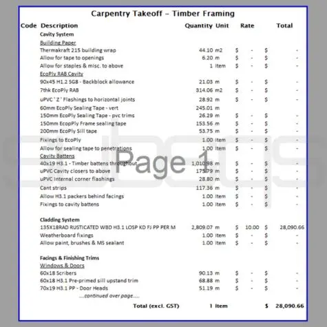 Carpentry cladding takeoff soq schedule in excel format by SubsQS