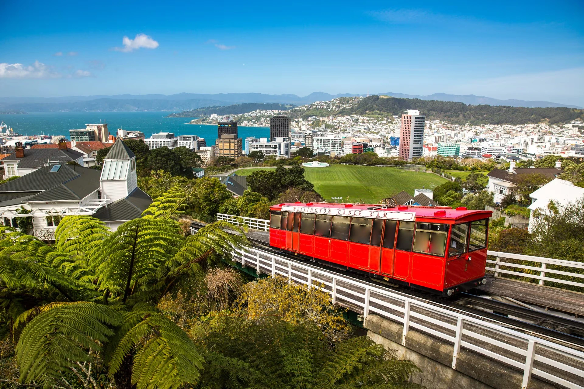 Red cable car cityscape