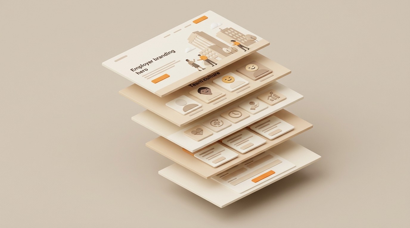 Aufbau einer Karriereseite in einzelnen Ebenen: Employer Branding, Teamkultur, Benefits, Stellenanzeigen und Bewerbungsformular