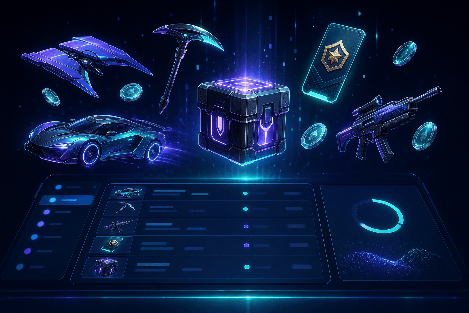 A stylized digital commerce scene showing floating virtual gaming items, a loot box, battle pass card, and glowing coins suspended mid-air above a sleek interface dashboard with purchase history rows and a processing indicator, rendered in deep indigo and electric teal tones on a dark background, abstract and modern aesthetic, no text or labels