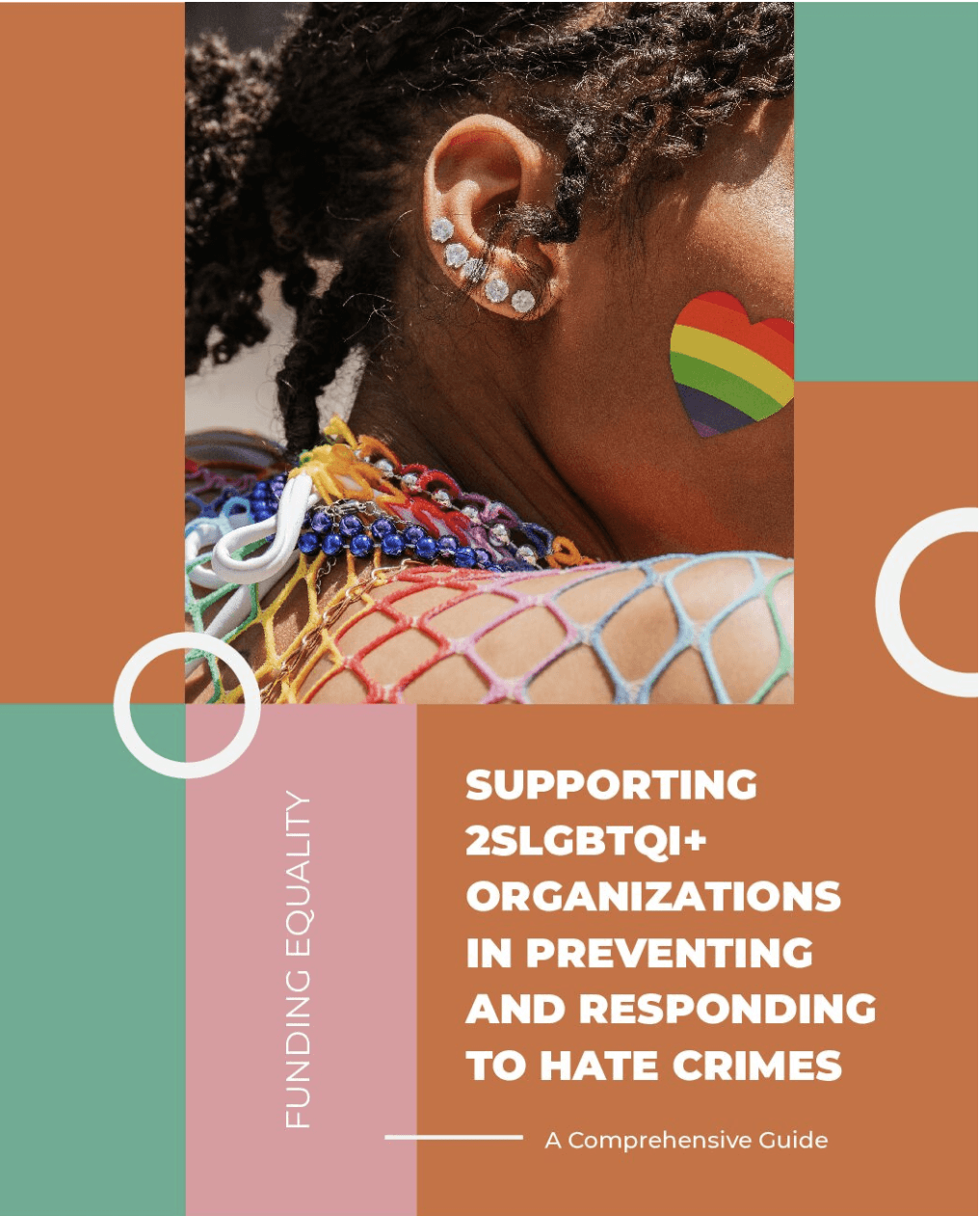 A close-up of a girl with rainbow face paint, featuring a colorful background and a text overlay about support initiatives.
