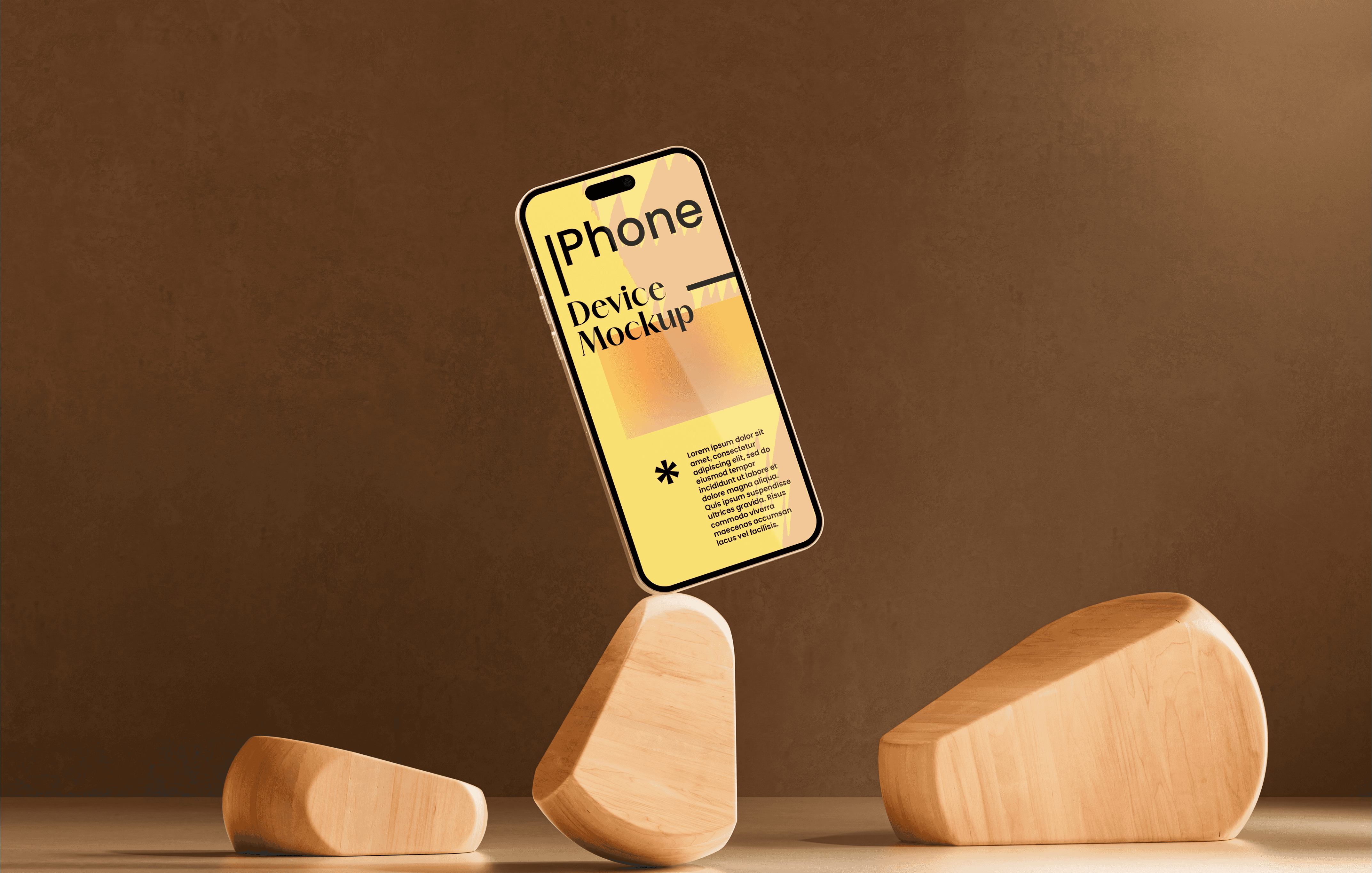 A modern iPhone device mockup balanced vertically on smooth, organic wooden blocks. The scene features warm, cinematic lighting with a minimalist brown background, creating a professional and artistic display for app or web design.