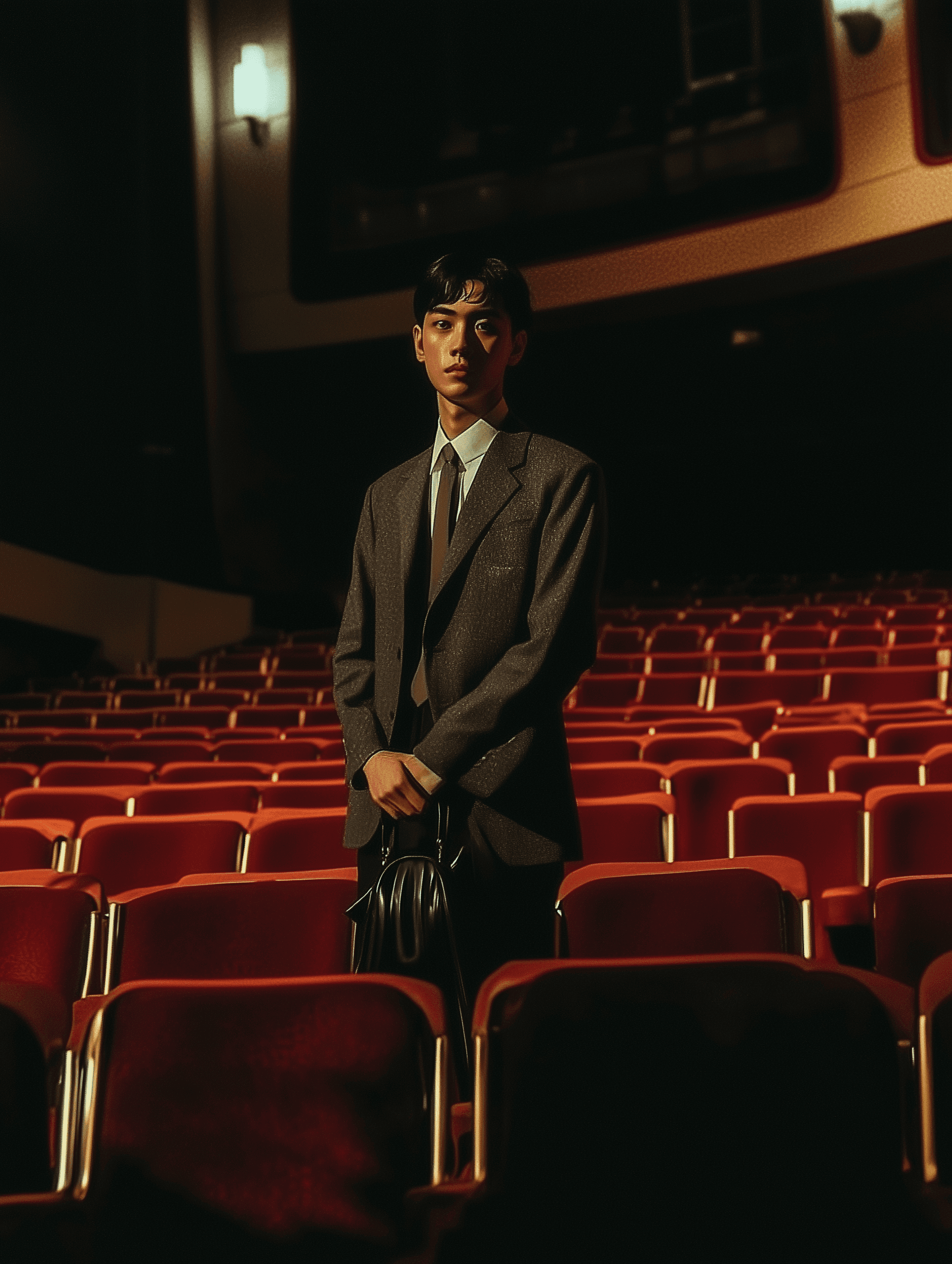 A young man in an old suit and tie stands alone on the left side of the cinema, and he held his handbag under one arm while holding onto two empty chairs with both hands., in the style of Nicolas Alberinou, in the style of Wong Kar Wai, is standing on the stage of an empty cinema hall. He has his hands folded across his chest