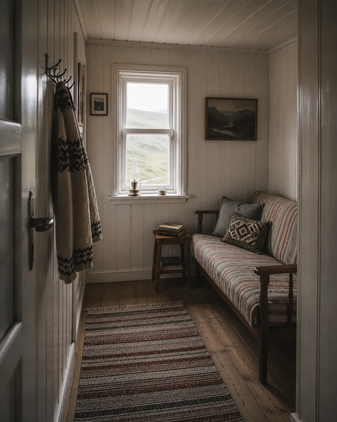 Compact chalet lounge with a striped couch, wooden floors, framed artwork, and natural light from a countryside-facing window.