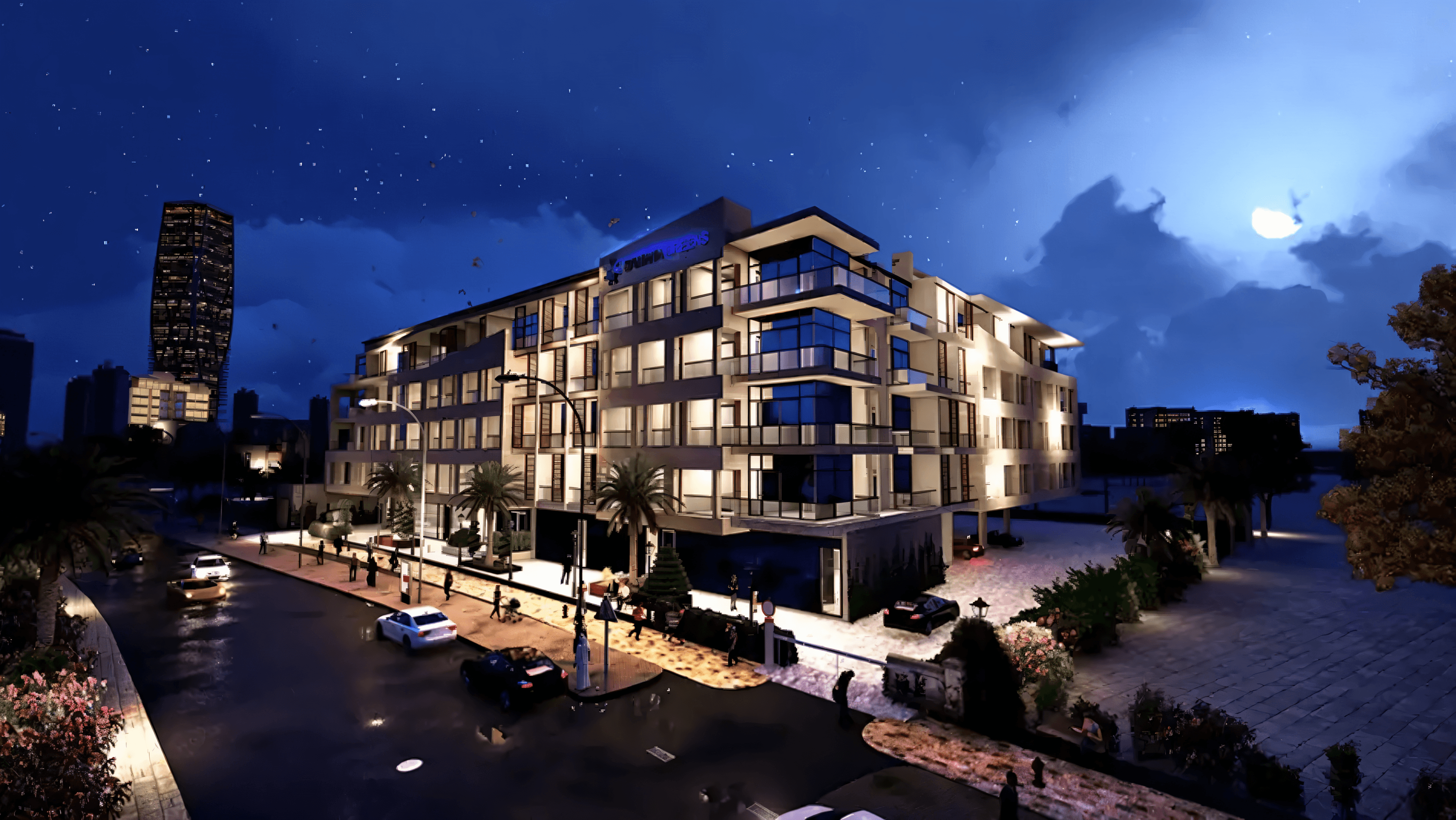 The night sky over Samana Greens is illuminated by the moon, with nearby buildings also glowing softly in the light.