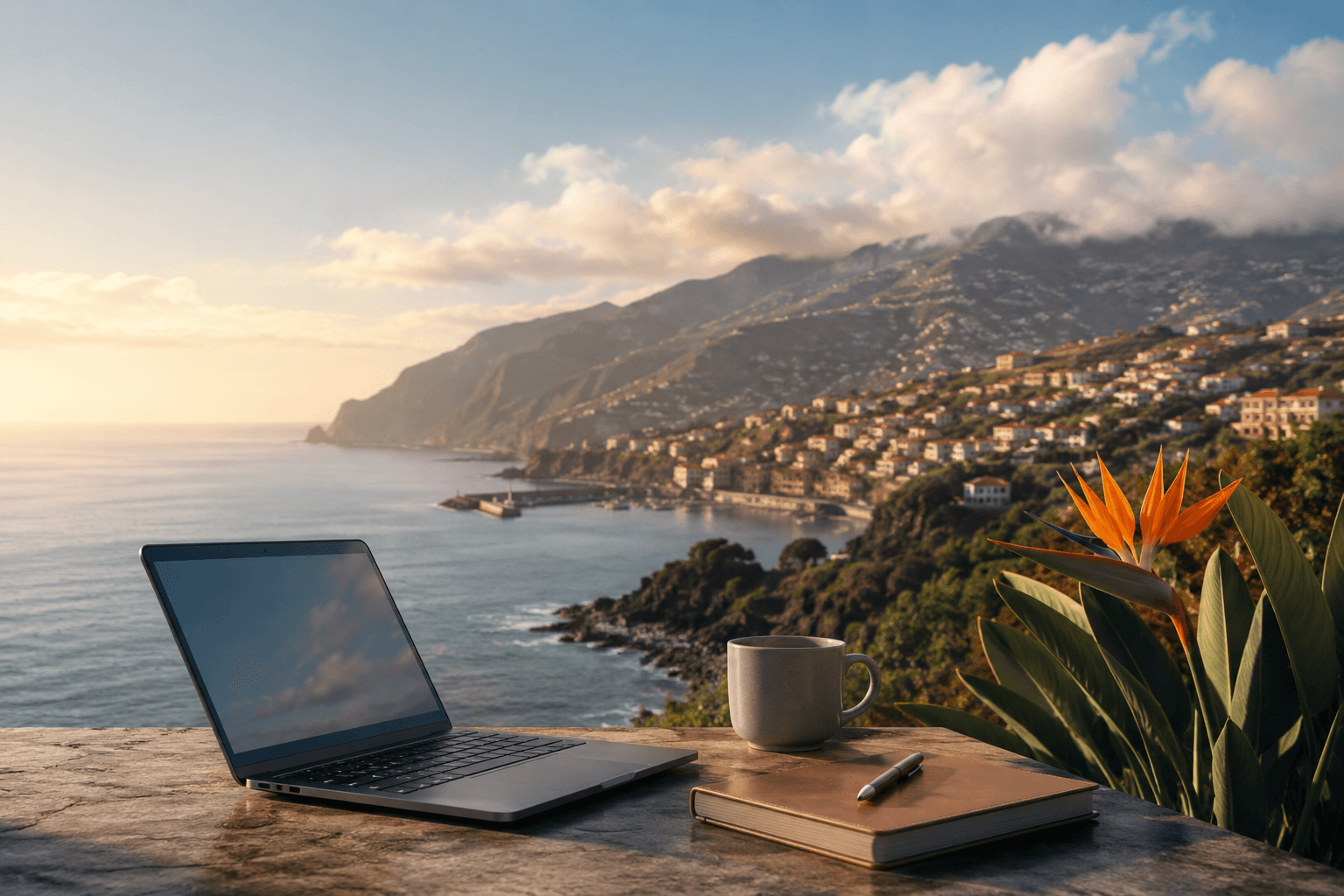 A laptop and a tablet by the sea with mountains in background.