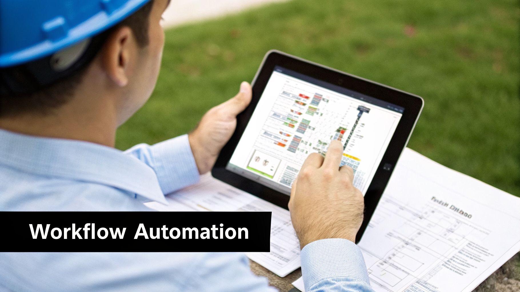 An engineer in a hard hat reviews project plans and schedules on a tablet, representing workflow automation.