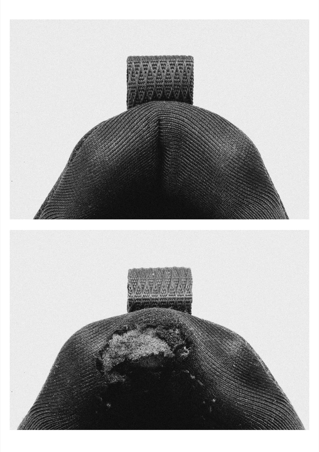 Worn Altra trail running shoe heels showing ribbed knit upper, lower with hole exposing grey lining